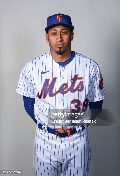 Edwin Diaz of the New York Mets poses during Photo Day at Clover Park on March 16, 2022 in Port St. Lucie, Florida.