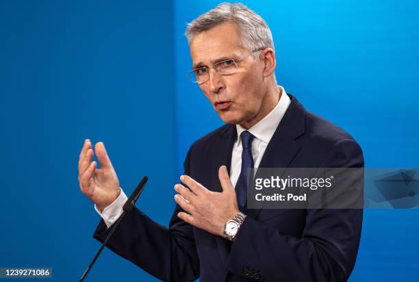 Secretary General Jens Stoltenberg speaks during a press meeting ahead of a joint meeting with Foreign Minister Annalena Baerbock at the Federal...