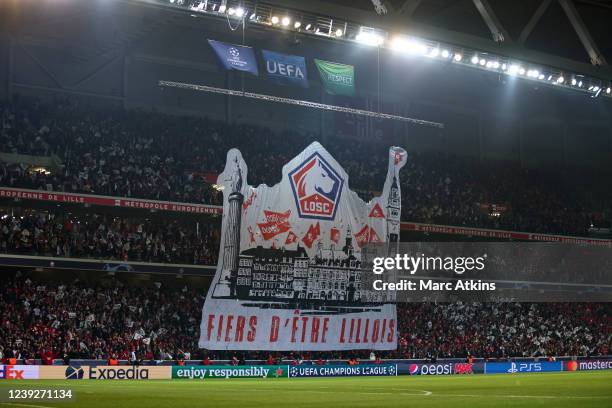 General view of Stade Pierre-Mauroy as Lille fans raise a Tifo during the UEFA Champions League Round Of Sixteen Leg Two match between Lille OSC and...