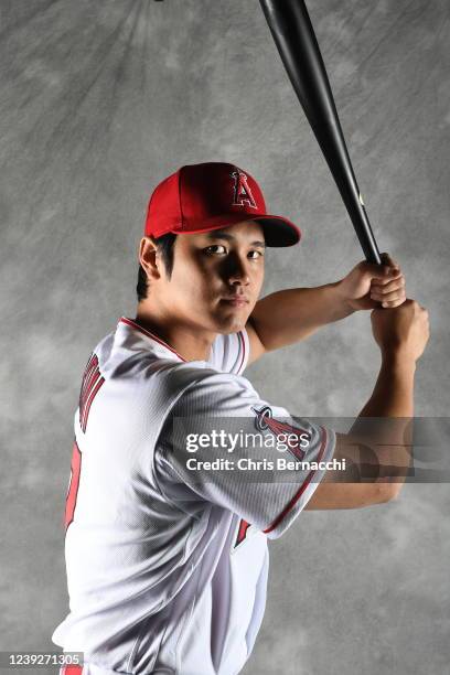 Shohei Ohtani of the Los Angeles Angels poses during Photo Day at Tempe Diablo Stadium on March 16, 2022 in Tempe, Arizona.