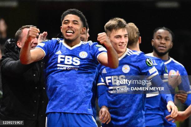 Leicester Citys French defender Wesley Fofana celebrates during the UEFA Europa Conference League round of 16 second leg football match between...