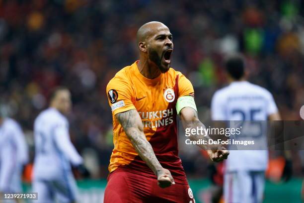 Marcao of Galatasaray celebrates after scoring his team's first goal during the UEFA Europa League Round of 16 Leg Two match between Galatasaray and...