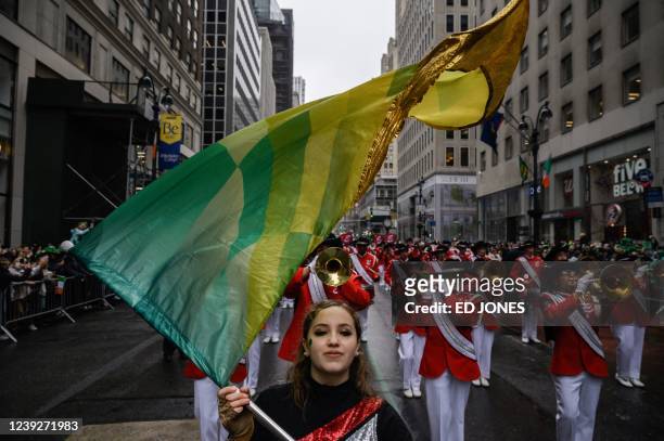 Participants march during a St. Patrick's day parade in New York on March 17, 2022.