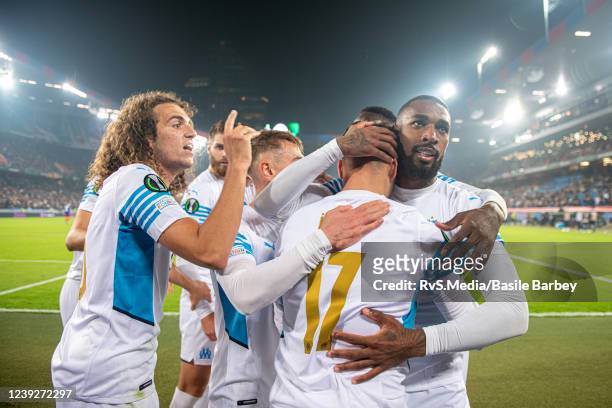 Cengiz Under of Olympique de Marseille celebrates his goal with teammates during the UEFA Conference League Round of 16 Leg Two match between FC...