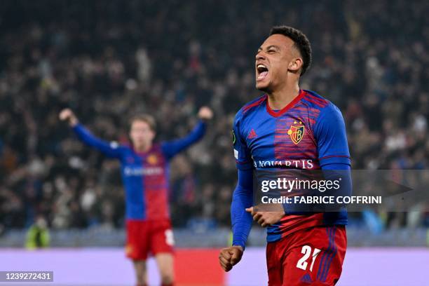 Basel's Swiss midfielder Dan Ndoye celebrates after scoring his team's first goal during the UEFA Europa Conference League match between Basel and...
