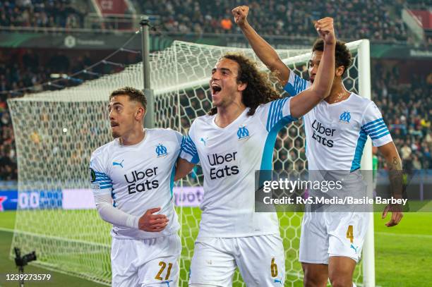 Valentin Rongier of Olympique de Marseille celebrates his goal with teammates during the UEFA Conference League Round of 16 Leg Two match between FC...