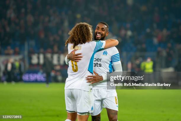 Matteo Guendouzi and Gerson Santos Da Silva of Olympique de Marseille celebrate the win after the UEFA Conference League Round of 16 Leg Two match...