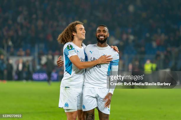 Matteo Guendouzi and Gerson Santos Da Silva of Olympique de Marseille celebrate the win after the UEFA Conference League Round of 16 Leg Two match...