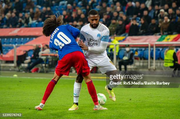 Tomas Tavares of FC Basel 1893 battles for the ball with Gerson Santos Da Silva of Olympique de Marseille during the UEFA Conference League Round of...