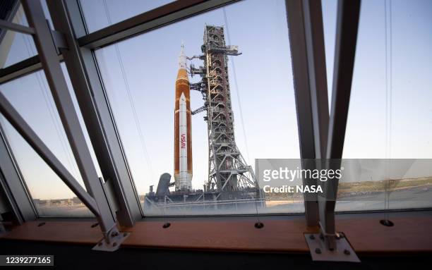 In this handout provided by the National Aeronautics and Space Administration , the Space Launch System rocket with the Orion spacecraft aboard is...
