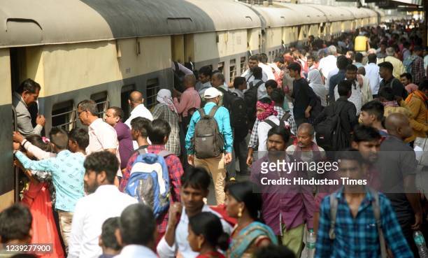 Crowded railway station platform on the eve of Holi festival at Patna Junction on March 17, 2022 in Patna, India.