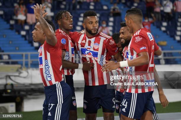 Junior's Miguel Angel Borja celebrates with teammates after scoring against La Equidad during the Sudamericana Cup first round second leg...