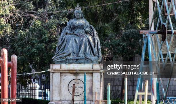Picture shows a statue of Britain's Queen Victoria at a park in the southern Yemeni city of Aden, on March 3, 2022. - Yemen's brutal war has not just...