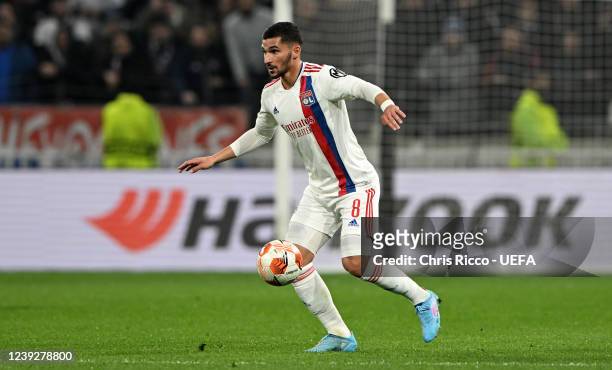Houssem Aouar of Olympique Lyon during the UEFA Europa League Round of 16 Leg Two match between Olympique Lyon and FC Porto at Groupama Stadium on...