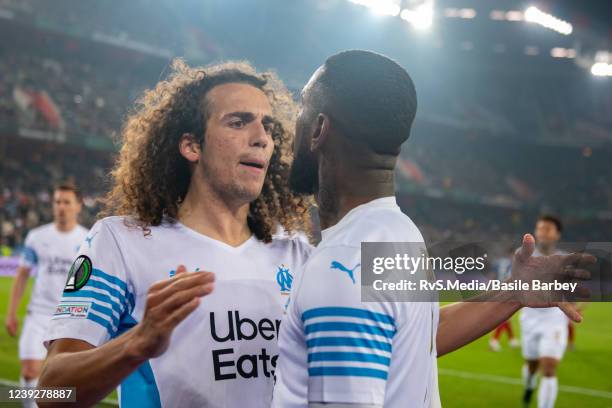 Matteo Guendouzi and Gerson Santos Da Silva of Olympique de Marseille celebrate a goal during the UEFA Conference League Round of 16 Leg Two match...