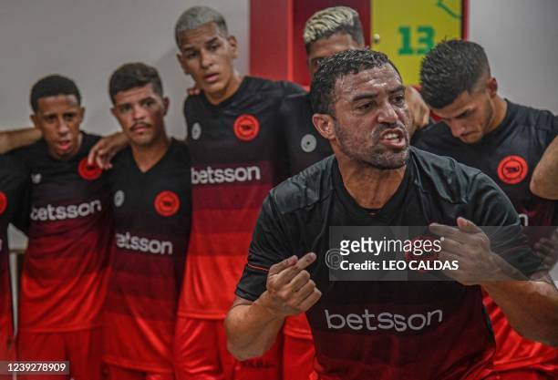 Brazil's Ibis players are seen during a pep talk before their match against Sport Recife at the Arena Pernambuco in Recife, Brazil, on March 16,...