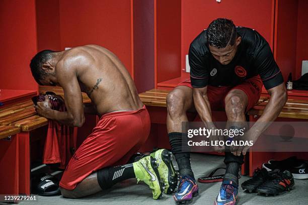 Brazil's Ibis players are seen at the Arena Pernambuco's dressing room before their football match against Sport Recife in Recife, Brazil, on March...