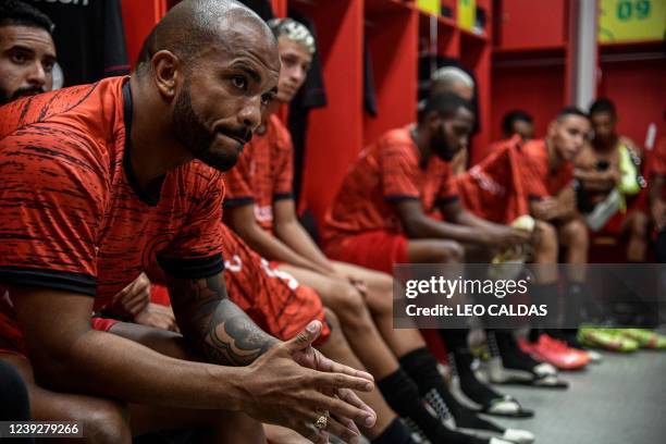 Brazil's Ibis players are seen at the Arena Pernambuco's dressing room before their football match against Sport Recife in Recife, Brazil, on March...