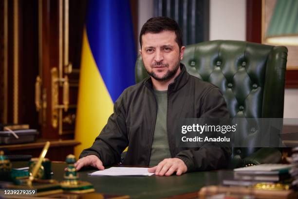 Ukrainian President Volodymyr Zelenskyy makes a speech on evaluation the 22nd day of the Russia-Ukraine war during virtually addressing in Kyiv,...