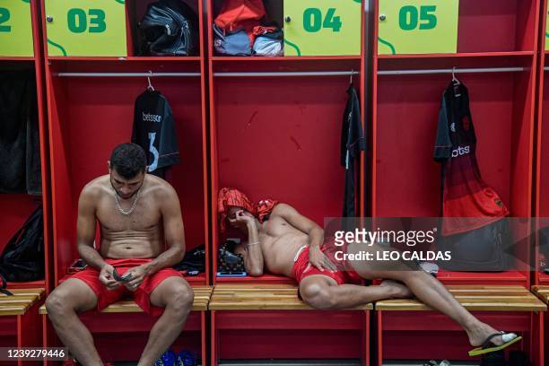 Brazil's Ibis players are seen at the Arena Pernambuco's dressing room before their football match against Sport Recife in Recife, Brazil, on March...