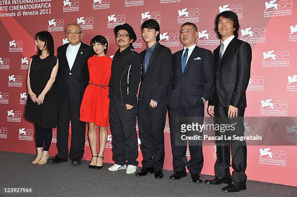 Producers Satomi Odake, Tom Yoda, actress Fumi Nikaido, director Sion Sono, actor Shota Sometani, producers Haruo Umekawa and Masashi Yamazaki pose...
