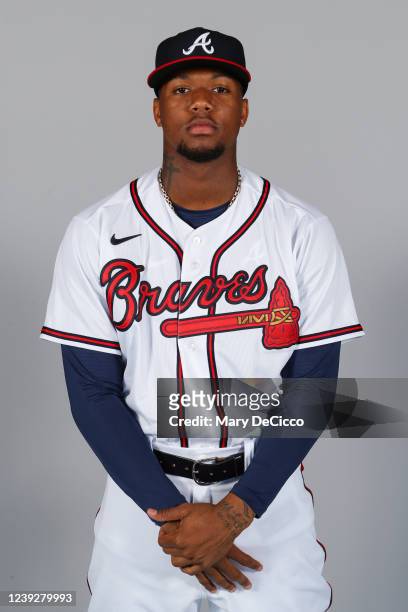 Ronald Acuña Jr. #13 of the Atlanta Braves poses for a photo during the Atlanta Braves Photo Day at CoolToday Park on Thursday, March 17, 2022 in...