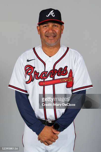 Batting Practice Pitcher Tomas Perez of the Atlanta Braves poses for a photo during the Atlanta Braves Photo Day at CoolToday Park on Thursday, March...