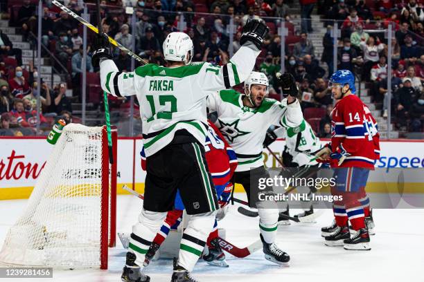 Alexander Radulov and Radek Faksa of the Dallas Stars celebrate a goal against the Montreal Canadiens in the NHL game at the Bell Centre on March 17,...