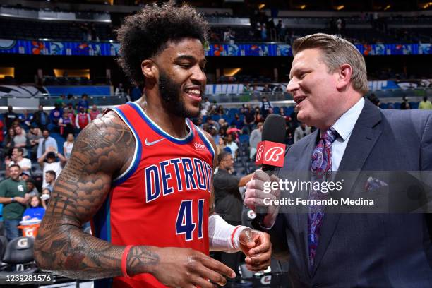 Saddiq Bey of the Detroit Pistons talks to the media after the game against the Orlando Magic on March 17, 2022 at Amway Center in Orlando, Florida....