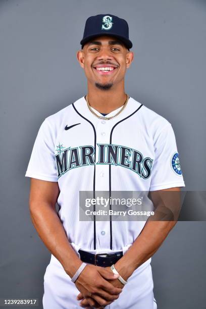 Julio Rodriguez of the Seattle Mariners poses for a photo during the Seattle Mariners Photo Day at Peoria Sports Complex on Wednesday, March 16, 2022...