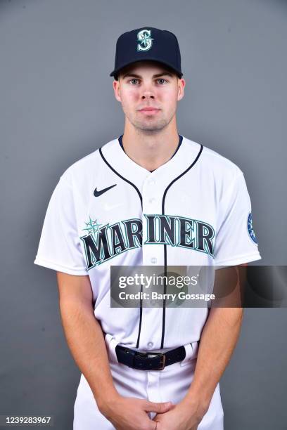 Matt Brash of the Seattle Mariners poses for a photo during the Seattle Mariners Photo Day at Peoria Sports Complex on Wednesday, March 16, 2022 in...