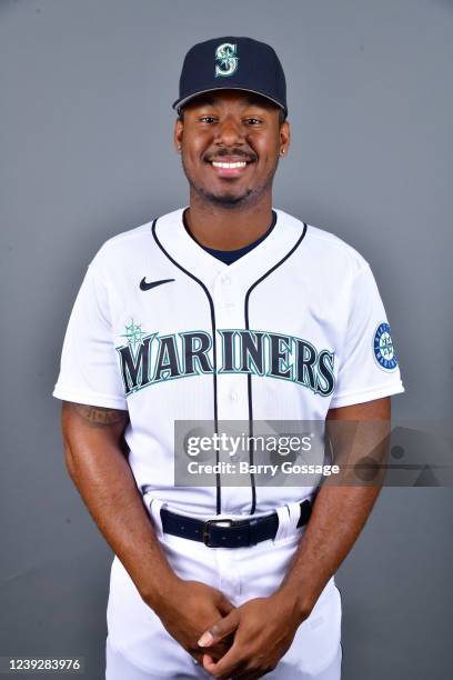 Kyle Lewis of the Seattle Mariners poses for a photo during the Seattle Mariners Photo Day at Peoria Sports Complex on Wednesday, March 16, 2022 in...