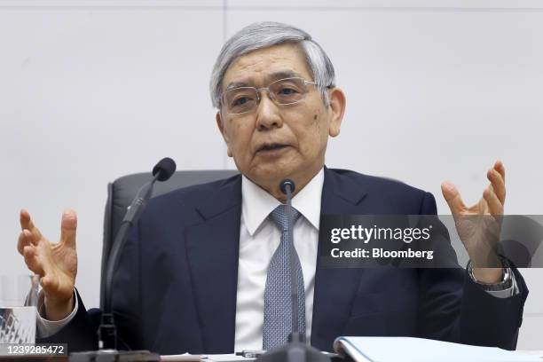 Haruhiko Kuroda, governor of the Bank of Japan , gestures while speaking during a news conference at the central bank's headquarters in Tokyo, Japan,...