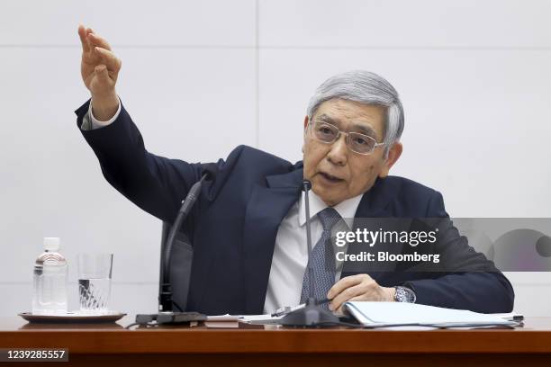 Haruhiko Kuroda, governor of the Bank of Japan , gestures while speaking during a news conference at the central bank's headquarters in Tokyo, Japan,...