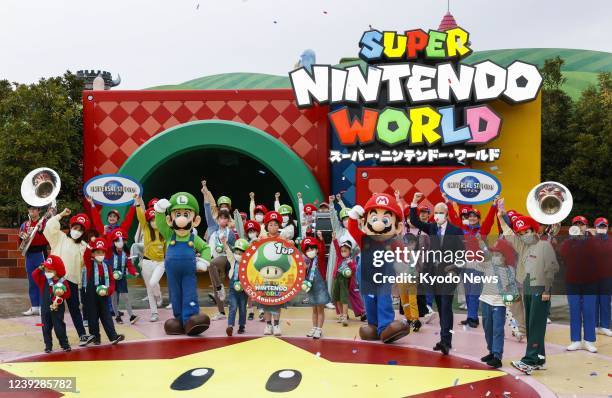 Universal Studios Japan in Osaka holds a ceremony marking the first anniversary of "Super Nintendo World" attraction based on Nintendo Co.'s "Super...