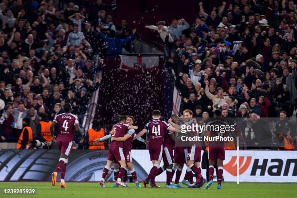 Andrey Yarmolenko of West Ham celebrates after scoring during the UEFA Europa League match between West Ham United and Sevilla FC at the London...