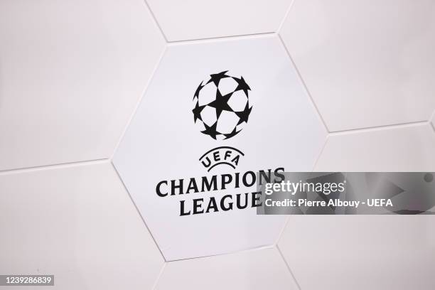 View of the UEFA Champions League logo during the UEFA Champions League 2021/22 Quarter-finals and Semi-finals Draws at the UEFA headquarters, The...