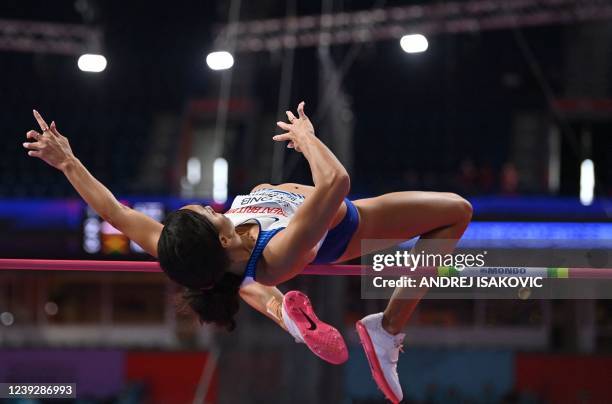Britain's Katarina Johnson-Thompson competes in the women's high jump Pentathlon during The World Athletics Indoor Championships 2022 at the Stark...