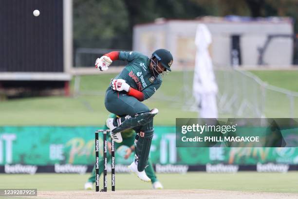 Bangladesh's Tamim Iqbal reacts after playing a shot during the first one-day international cricket match between South Africa and Bangladesh at...