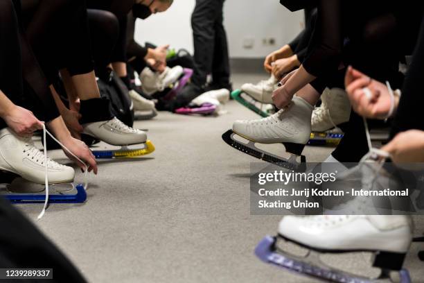 Team Spirit of Sweden practice during the ISU World Junior Synchronized Skating Championships at Olympiaworld on March 18, 2022 in Innsbruck, Austria.