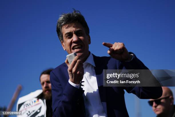 Ed Miliband, Shadow Secretary of State for Climate Change and Net Zero and MP for Doncaster North, addresses protestors as they gather outside the...