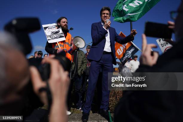 Ed Miliband, Shadow Secretary of State for Climate Change and Net Zero and MP for Doncaster North, addresses protestors as they gather outside the...