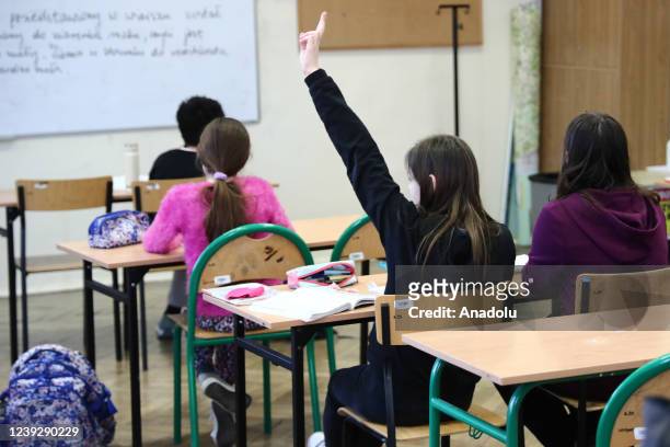 Primary school where children fleeing from Ukraine due Russian attacks attend classes together with Polish pupils, in Krakow, Poland on March 18,...