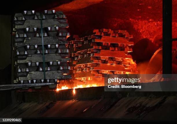 Forklift truck removes aluminum ingots from a furnace at the Impol Seval AD Sevojno plant in Sevojno, Serbia, on Thursday, March 17, 2022. The...