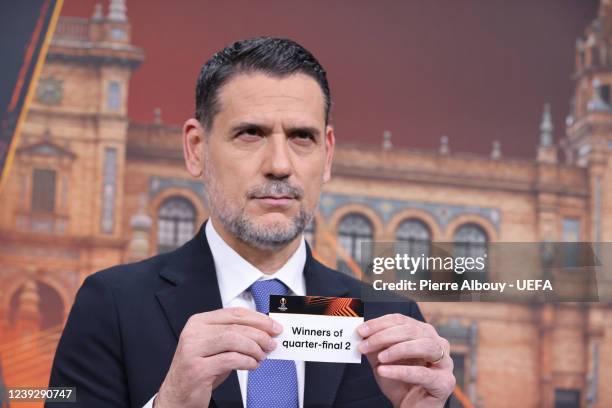 Special guest Andrés Palop draws out the card of Winners of Quarter-final 2 during the UEFA Europa League 2021/22 Quarter-finals and Semi-finals...