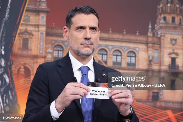 Special guest Andrés Palop draws out the card of Winners of Quarter-final 4 during the UEFA Europa League 2021/22 Quarter-finals and Semi-finals...