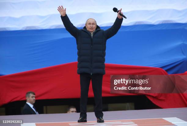 Russian President Vladimir Putin speaks during a concert marking the anniversary of the annexation of Crimea, on March 18, 2022 in Moscow, Russia....