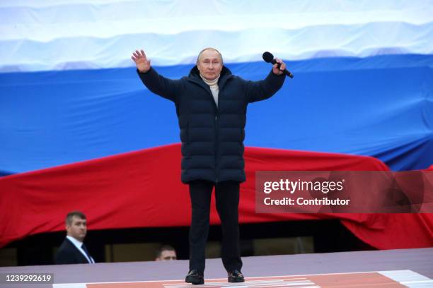 Russian President Vladimir Putin speaks during a concert marking the anniversary of the annexation of Crimea, on March 18, 2022 in Moscow, Russia....