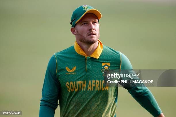 South Africa's David Miller looks on during the first one-day international cricket match between South Africa and Bangladesh at SuperSport Park in...