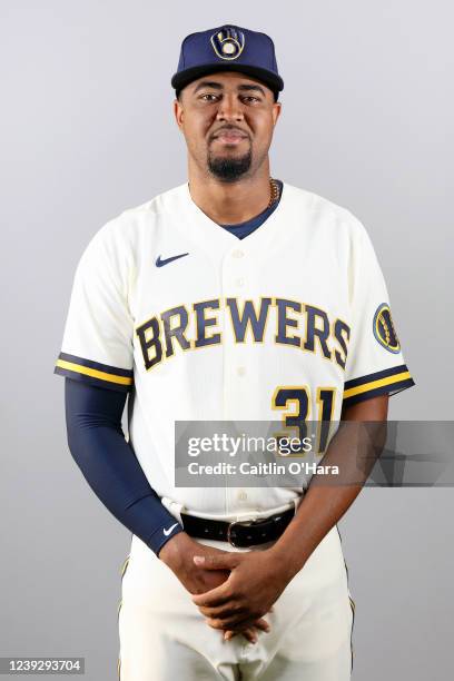 Jandel Gustave of the Milwaukee Brewers poses for a photo during the Milwaukee Brewers Photo Day at American Family Fields of Phoenix on Thursday,...